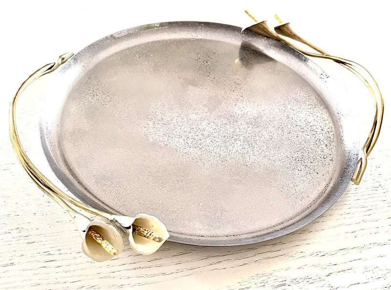12-inch round tray with lily-themed handles and base, silver metal with gold-tone accents