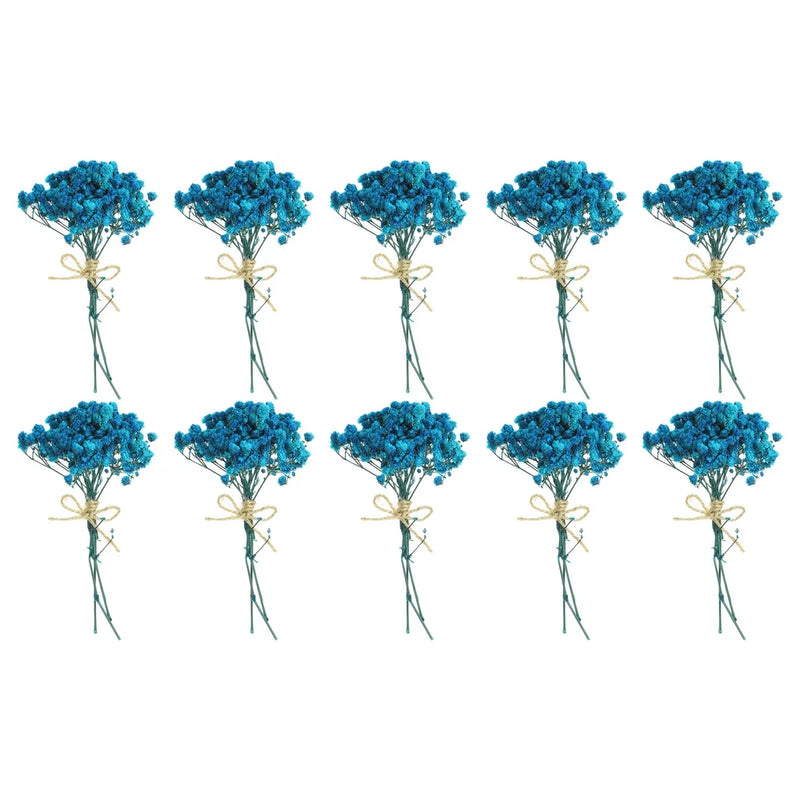 Set of 10 mini blue dried baby’s breath bouquets with tied green stems