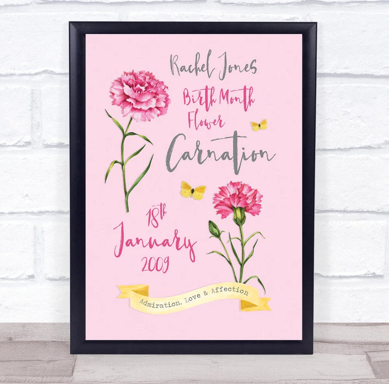 Pink Carnation January Birthday Flower Yellow Butterflies Personalised Print Carnation