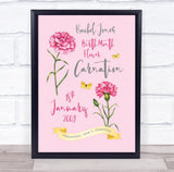 Pink Carnation January Birthday Flower Yellow Butterflies Personalised Print Carnation