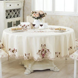 Round Coffee Table Cloth Beige Europe Embroidery Peony Flower Dining Table Cover Peony