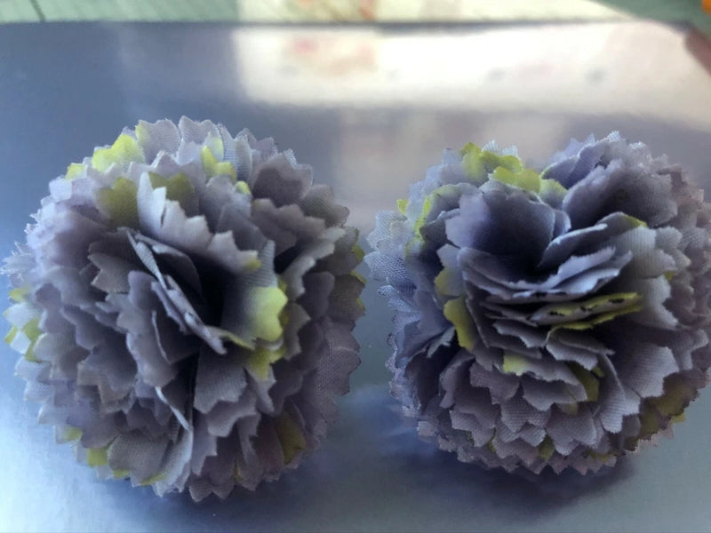 Faux silk carnation flower heads, lavender-blue petals with green accents