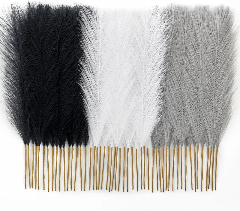 50pcs Pampas Grass 17in, Black Fake & Grey White Pampas Grass