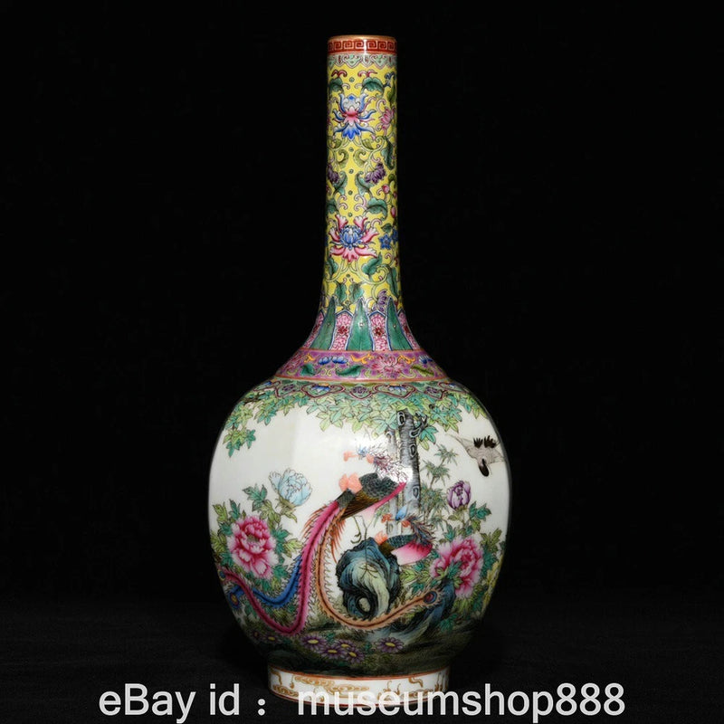 Pastel porcelain decorative vase with painted phoenix, peonies, and ornate multicolor trim
