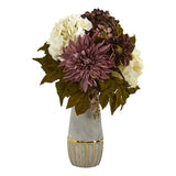 Nearly Natural 17" Peony Hydrangea & Dahlia in Stoneware Vase w/ Gold Trimmi Hydrangea