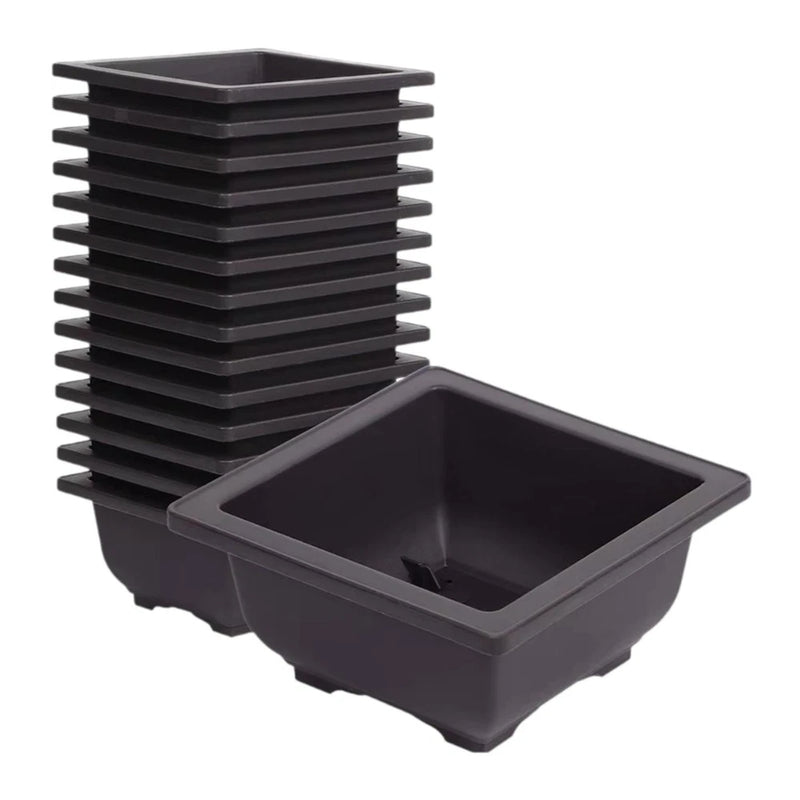 Set of 15 dark plastic square plant pots with square drainage trays