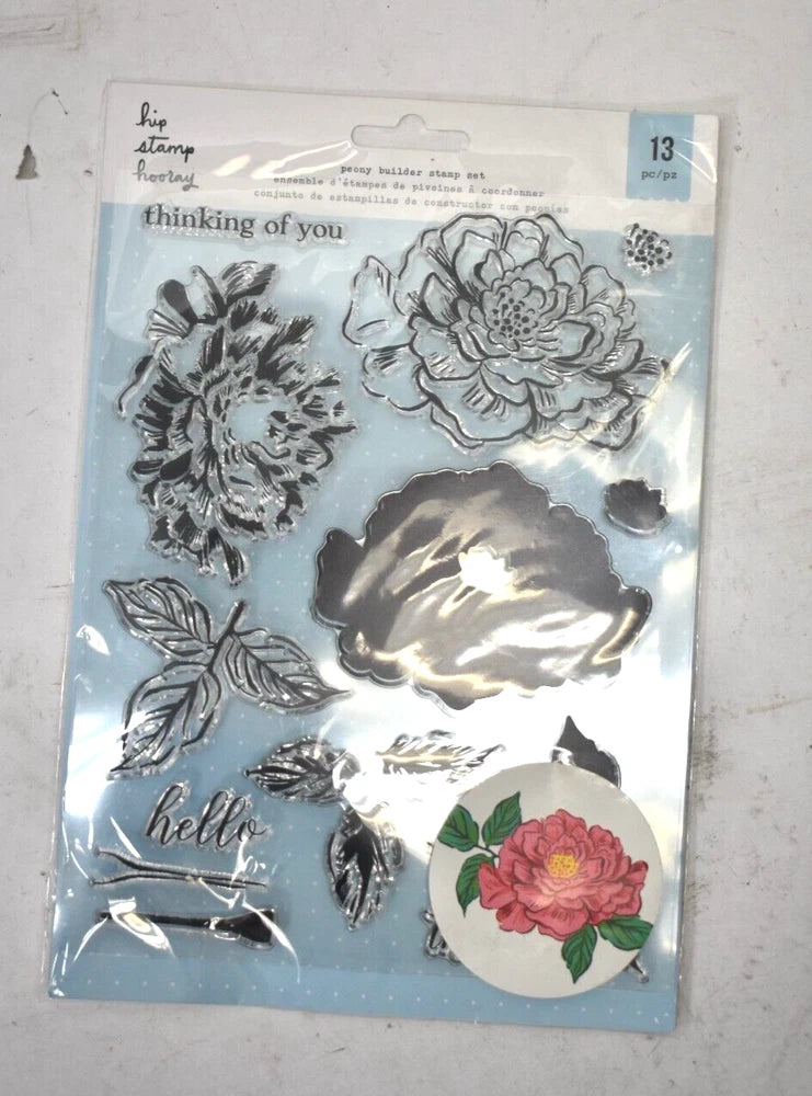 Peony clear stamp set with large flower, leaves, and script sentiments: hello, thinking of you
