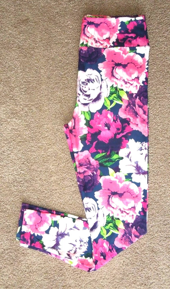 LuLaRoe OS ~ Stunning Pink Purple Blended Peony Floral on NAVY Flower Leggings Peony