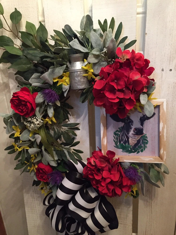 Farmhouse Red Hydrangea, And Red Cabbage Rose Holstein Cow Wreath Hydrangea