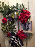 Farmhouse Red Hydrangea, And Red Cabbage Rose Holstein Cow Wreath Hydrangea