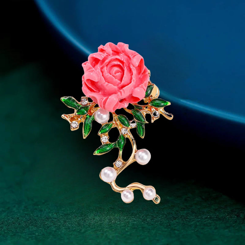 Pink peony flower brooch pin with green enamel leaves, rhinestones, and pearl accents