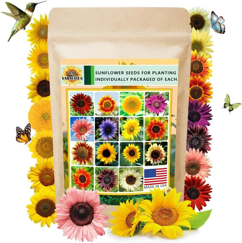 1000+ Sunflower Seeds for Planting Heirloom Non-Gmo, Bulk Package of 15 Varietie Sunflower