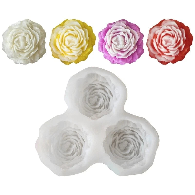 White silicone peony flower mold with three flower-shaped cavities