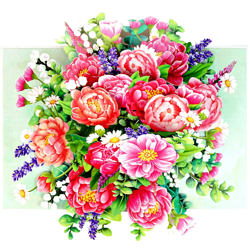 3D pop-up peony bouquet greeting card with colorful butterflies and layered blooms