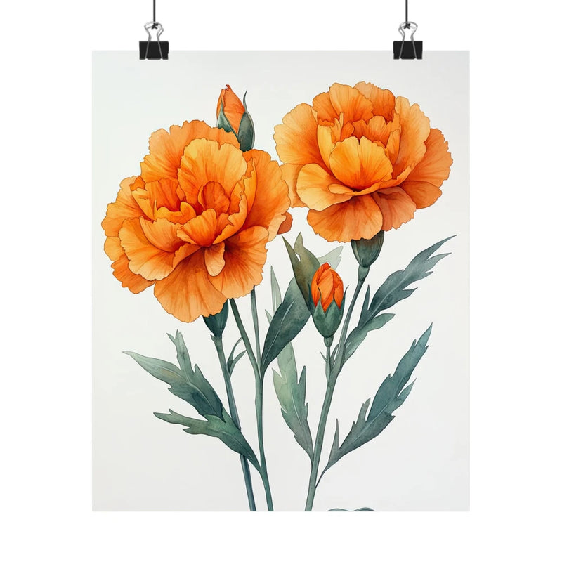 Floral art print poster with three orange carnations and green leaves on white