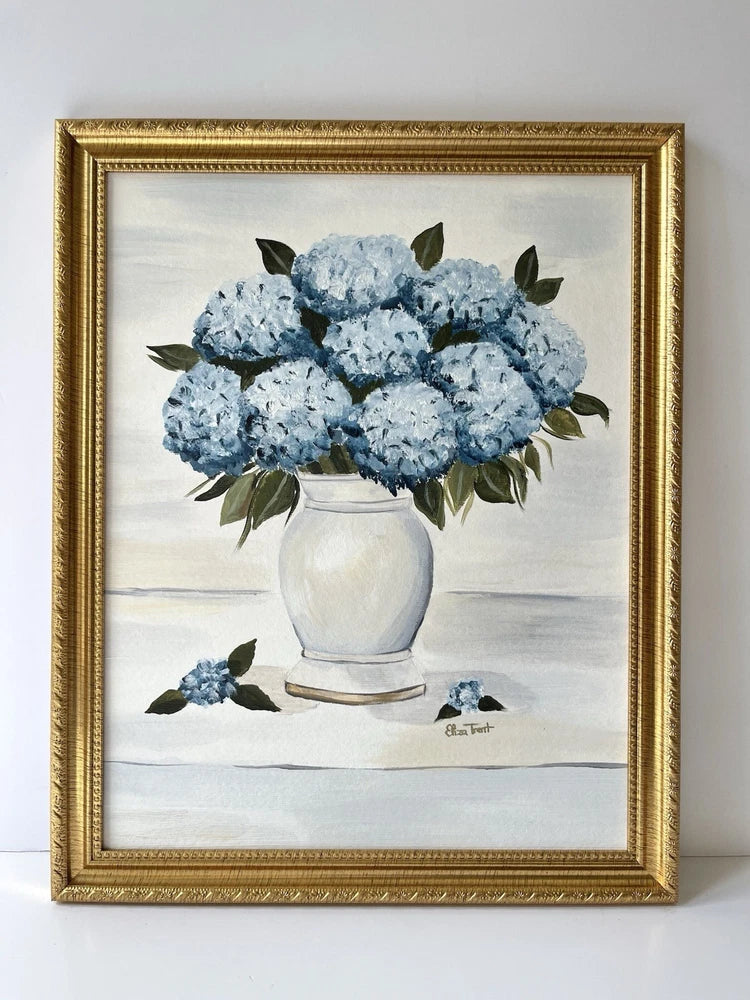 Original Hydrangea Painting 11x14 Framed Gold Floral Still Life Wall Art Hydrangea