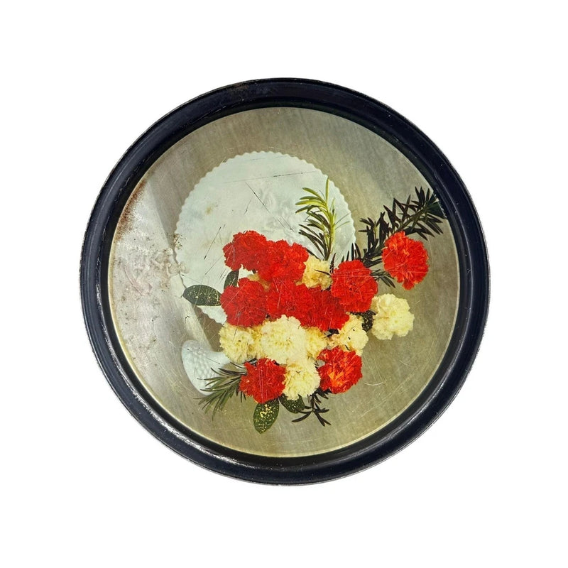 Vintage Round Metal Floral Serving Tray Red White Carnations Black Rim Retro 13" Carnation