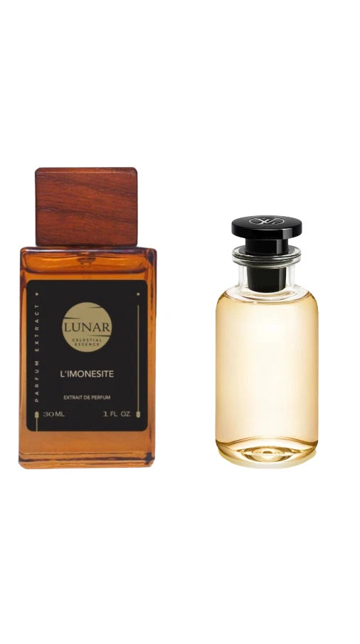 Men's eau de parfum bottles, amber glass with wood-toned cap and black-capped clear bottle