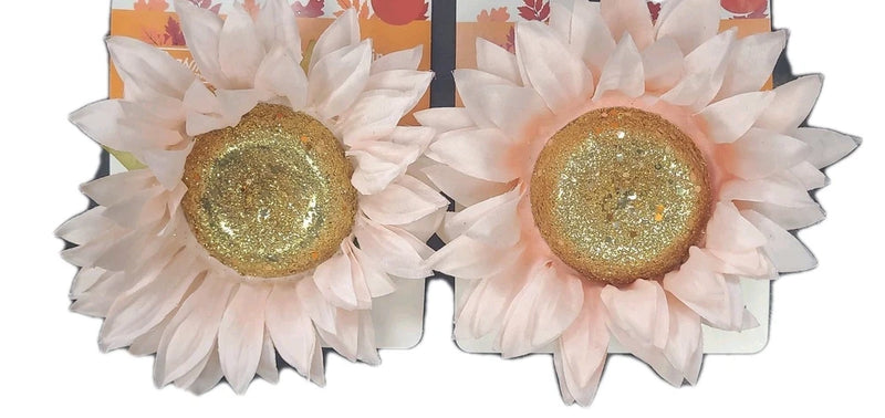 Set of 2 clip-on sunflower hair clips with white petals and glitter gold centers