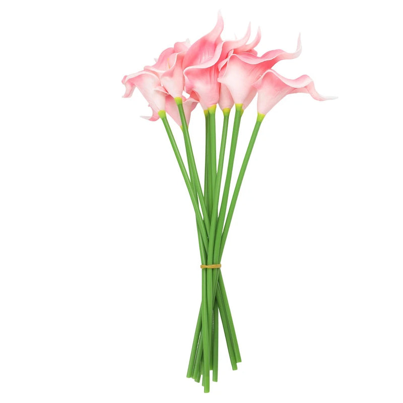 Artificial pink calla lily flowers with green stems, tied bouquet