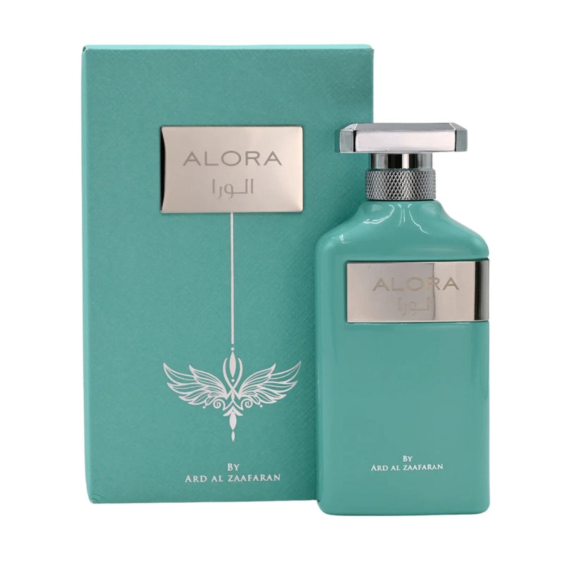 Alora by Ard Al Zaafaran unisex EDP bottle with teal glass and silver cap, in box