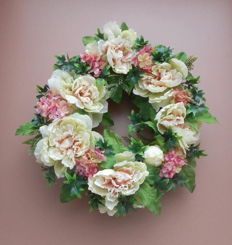 17" Green Pink Peony Pink Hydrangea Floral Summer Grapevine Door Wreath Hydrangea