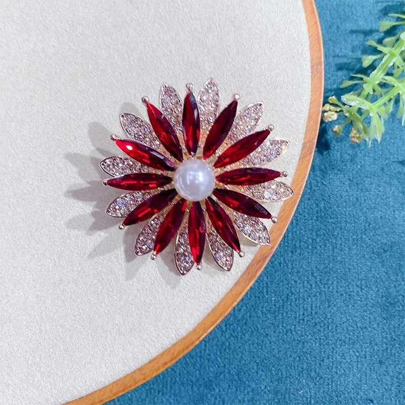 Luxurious Red Daisies Brooch for Women Crystal Rhinestone Pearl Flower Pin Daisies