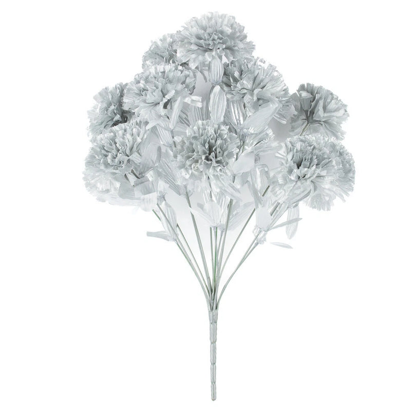 Artificial metallic silver carnation floral bush bouquet with clustered blooms