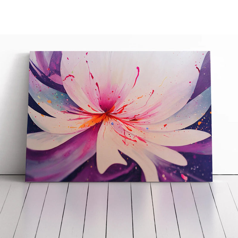 Framed abstract flower canvas wall art with pink, purple, and white petals and splatter details