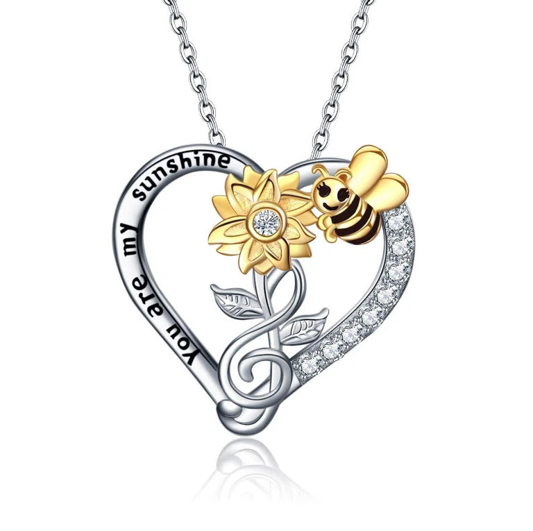 Two Tone Heart Sunflower Bee Pendant You Are My Sunshine Necklace Gift Box B4 Sunflower