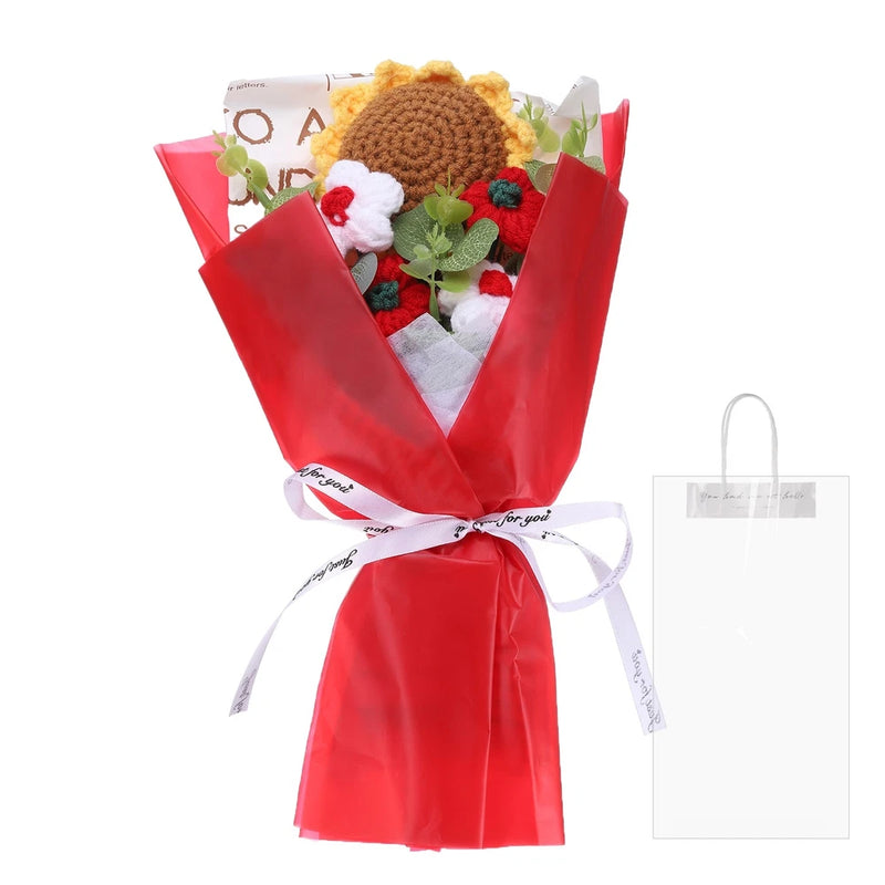 Handmade knitted crochet flower bouquet with red sunflower, wrapped in red gift paper and ribbon
