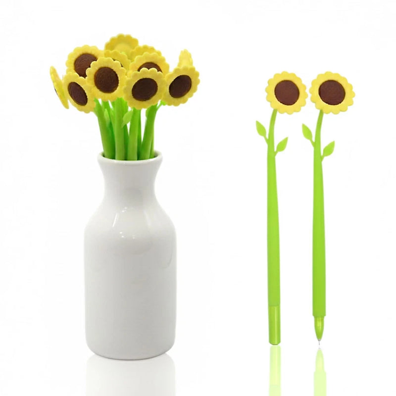 Sunflower-themed novelty pens with yellow flower heads, displayed in a white vase