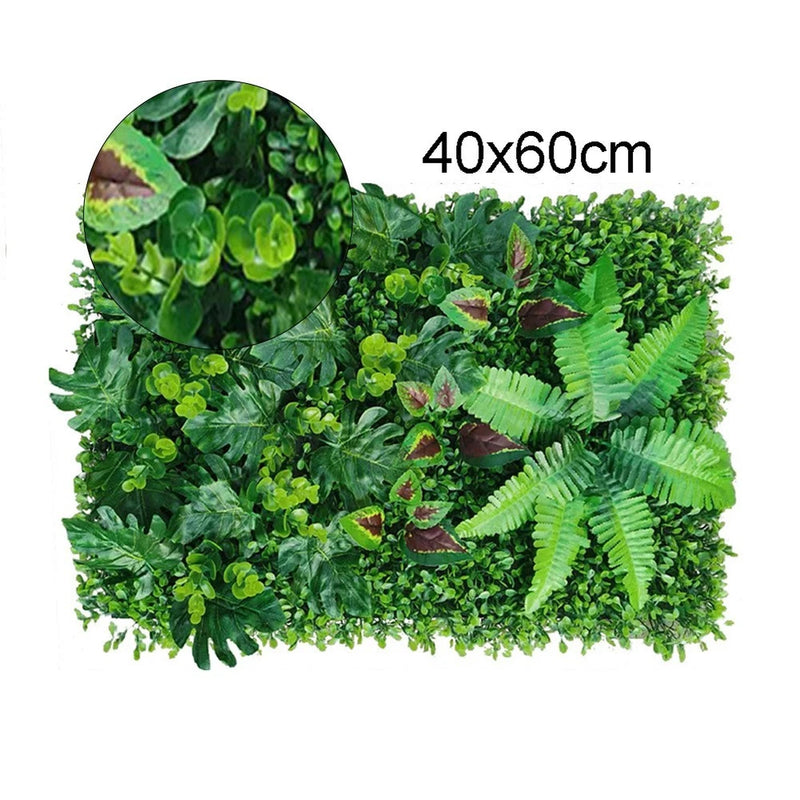 Artificial green grass square wall panel with dense mixed foliage, 40x60cm