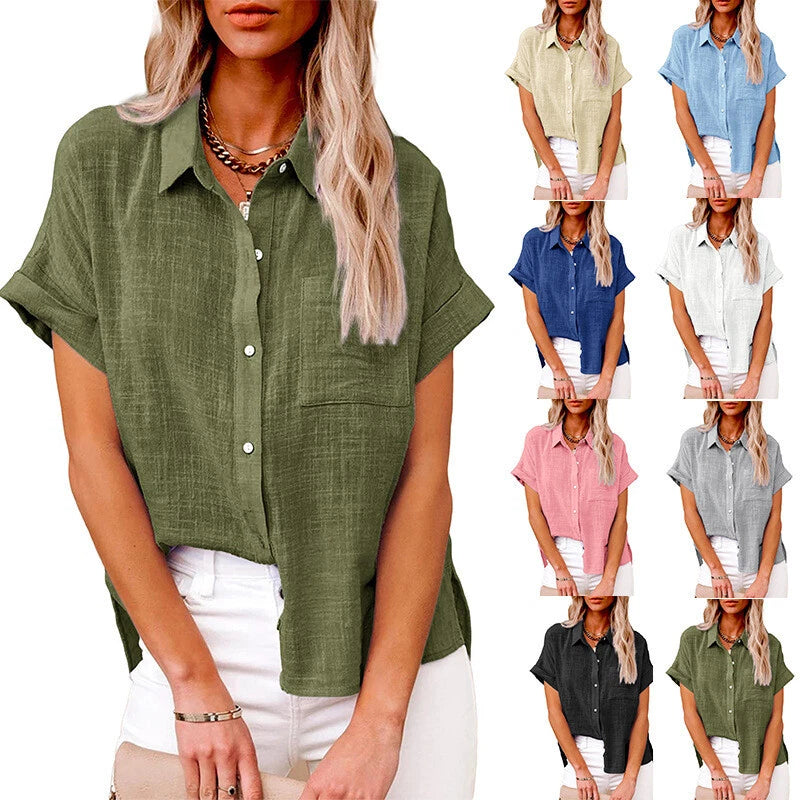 Women's short-sleeve button-up pocket shirt, olive green cotton-linen blend