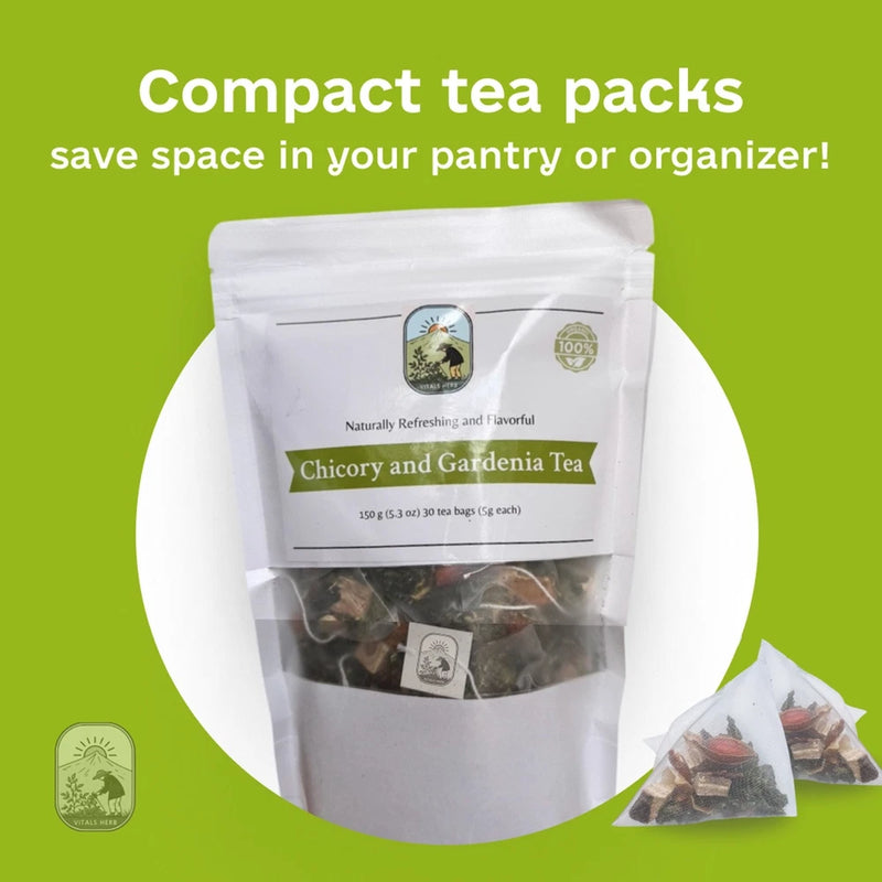 Herbal tea pouch labeled Chicory and Gardenia Tea Lily with pyramid tea bags