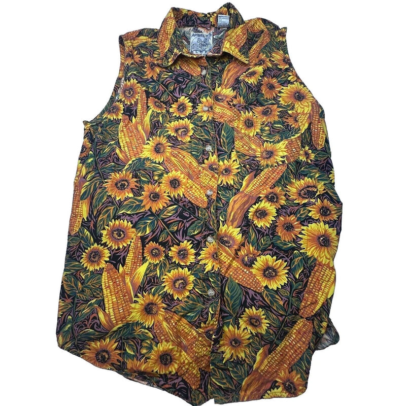 Womens sleeveless button-up cotton top, sunflower print on navy with yellow flowers.
