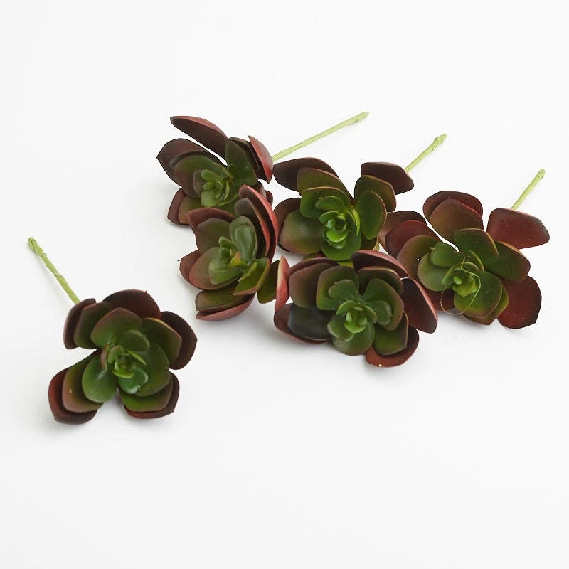 Package of 6 artificial succulent hen-and-chick picks, green rosettes with burgundy leaves