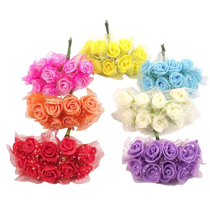 Mini artificial rose buds with tulle, multi-color clustered bunches