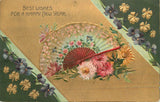 Embossed & Textured Postcard Happy New Year Fan & Carnations G-A Series 1368 Carnation