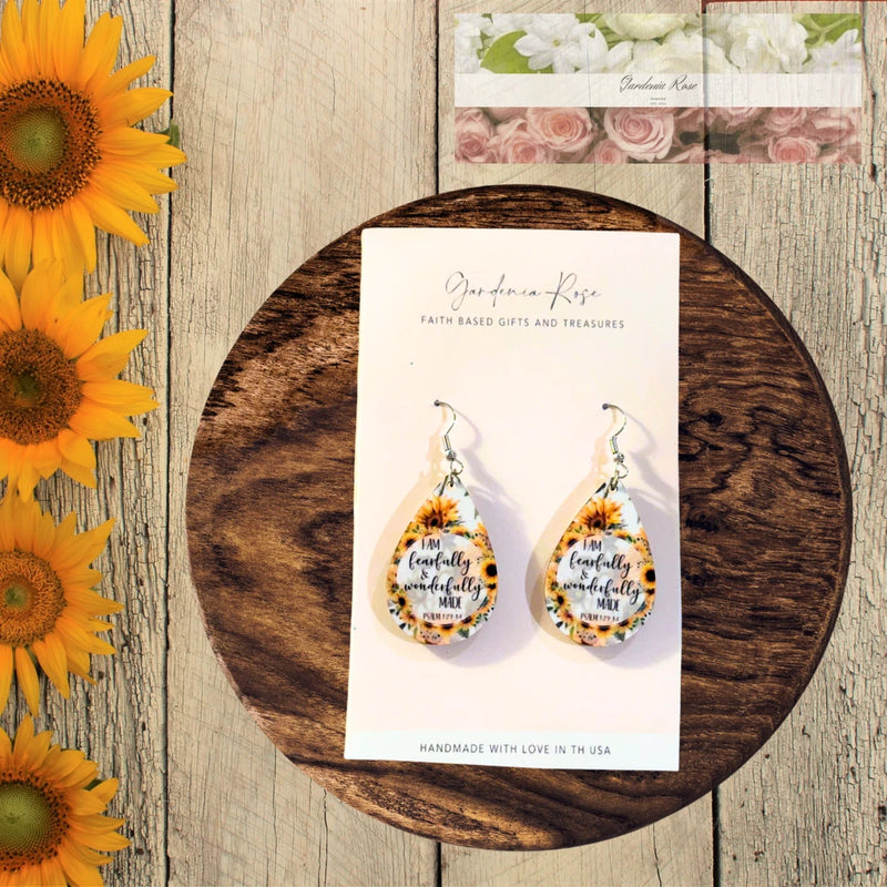 I am fearfully and wonderfully made Sunflower earrings, Christian faith earrings Sunflower