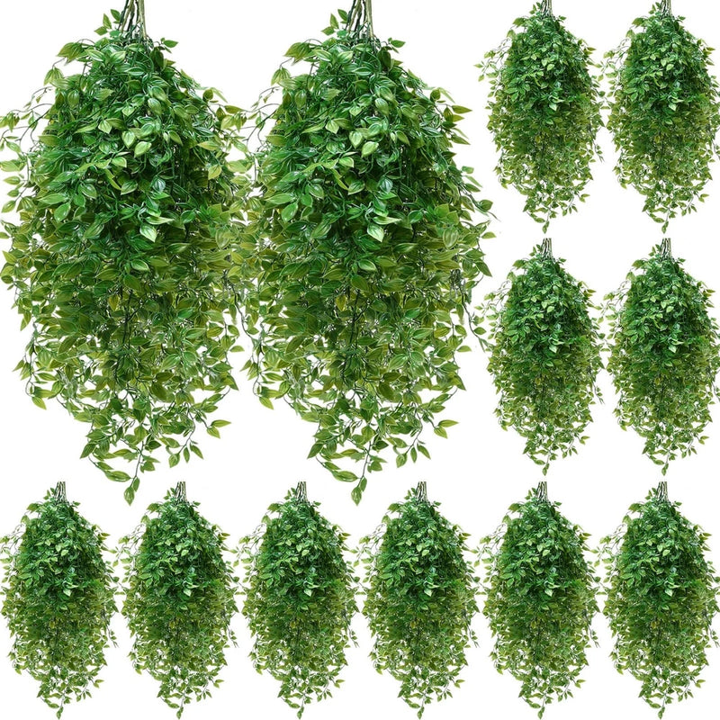 Pack of 12 green artificial hanging ivy vines with dense fake leaves
