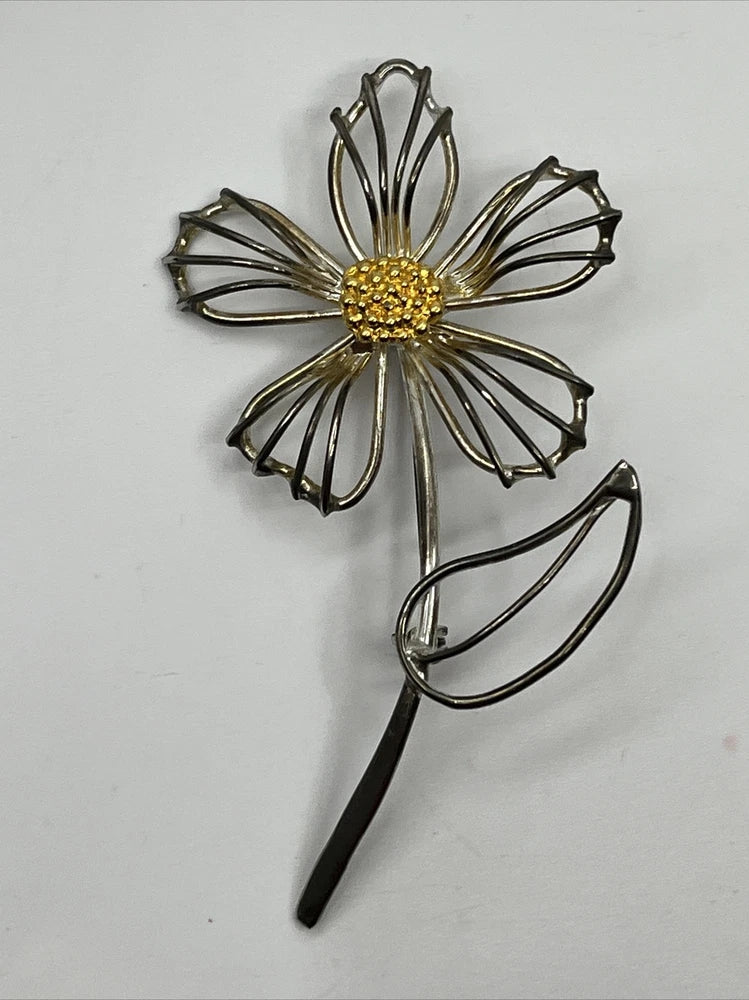 Vintage Estate Silver & Gold Tone Sunflower Flower Brooch Pin 3.25Ó Sunflower