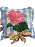 Hydrangea Blue Check 11" x 11" Handpainted Pillow Preppy Spring Floral Southern Hydrangea
