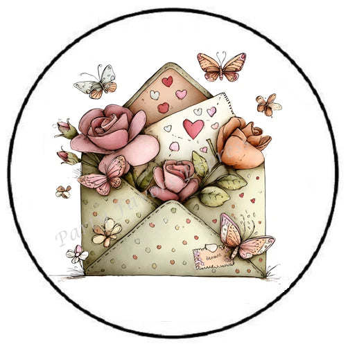 Decorative envelope sticker featuring roses, hearts, and butterflies