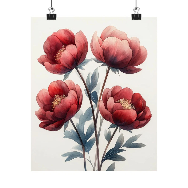 Burgundy and pink peony flower art print poster with five blooms and green leaves