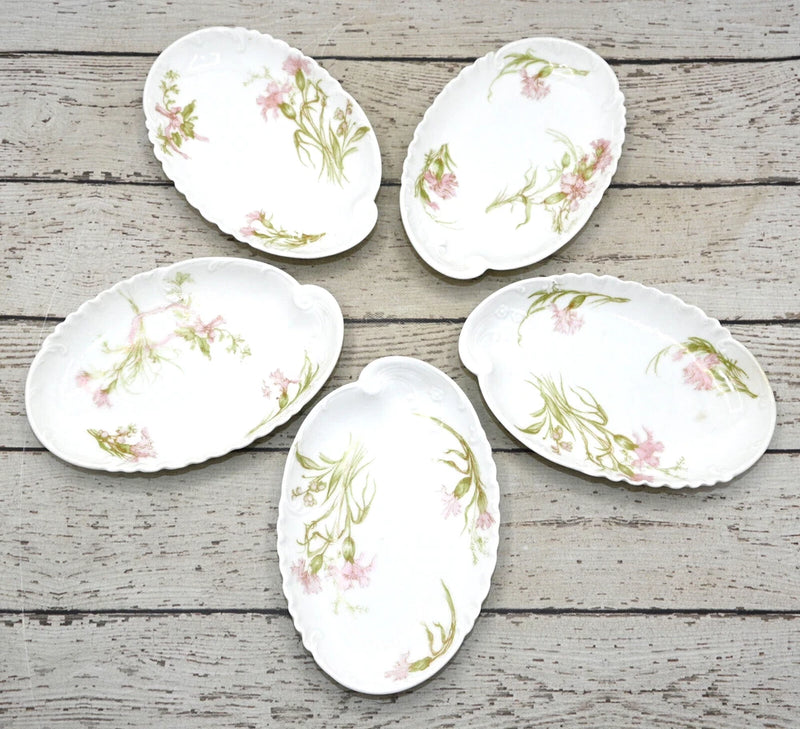 Haviland Limoges France Pink Carnation Bone Oval 6" Dish Set Of 5 H.F. Vollmer Carnation