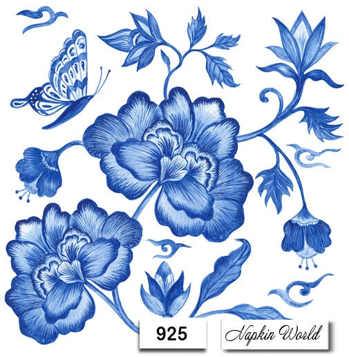 (925) TWO Individual Paper LUNCHEON Decoupage Napkins - BLUE PEONY FLORAL FLOWER Peony