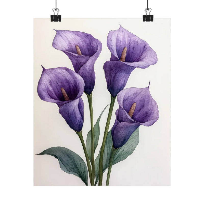 Minimalist floral art poster with purple calla lilies and green leaves