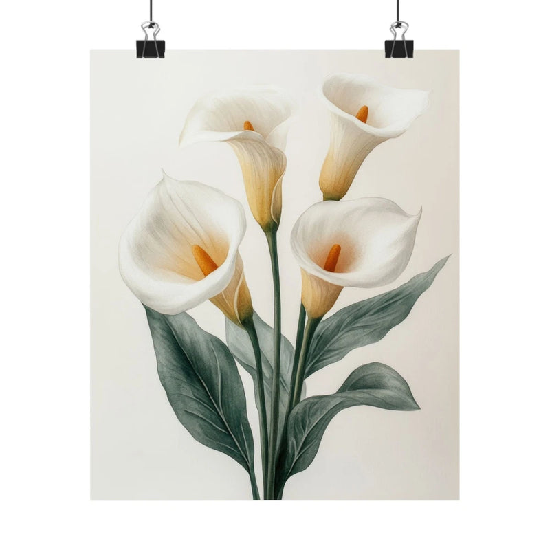 Calla lily flower art print poster with three white blooms, orange centers, and green leaves