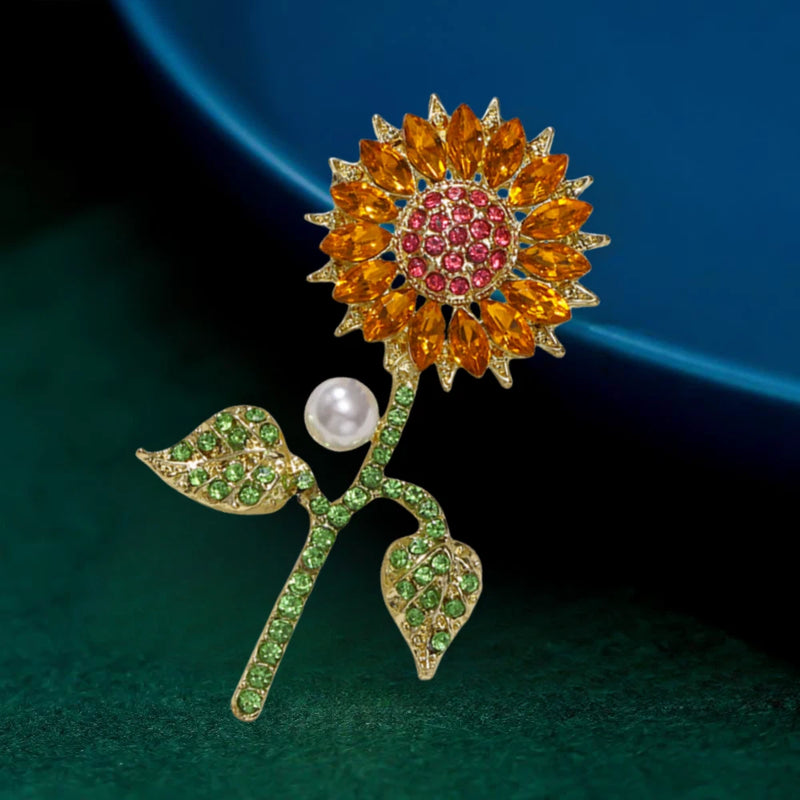 Yellow Green Crystal Rhinestone Flower Leaf Sunflower Brooch Pin Sunflower
